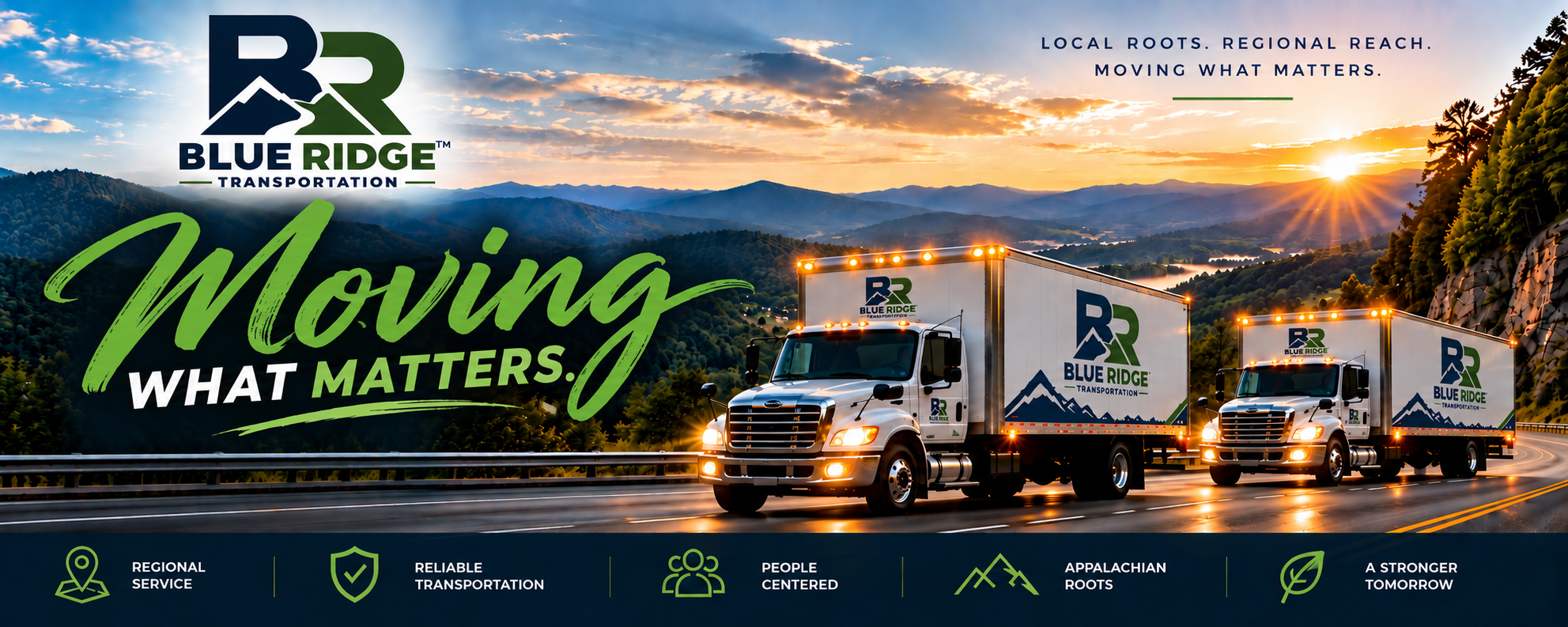 Blue Ridge Transportation trucks moving through the Appalachian mountains at sunrise